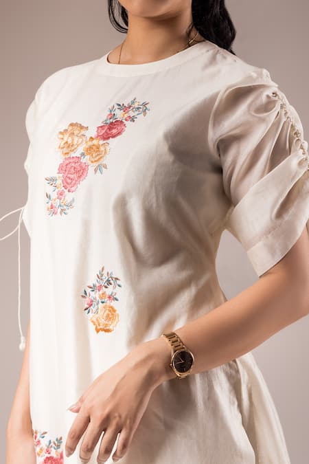 Prama By Pratima Pandey_Ivory Silk Chanderi Embroidered Floral Round Dress With Inner  _Online_at_Aza_Fashions