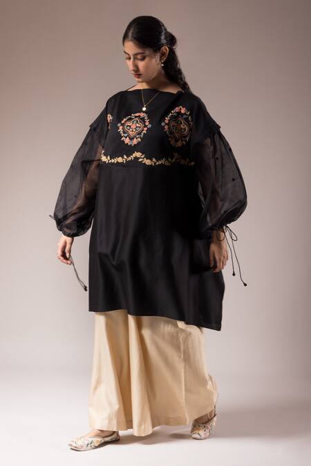 Buy_Prama By Pratima Pandey_Black Silk Chanderi Embroidered Dori Boat Tunic And Pant Set  _Online_at_Aza_Fashions