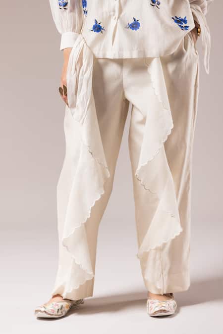 Prama By Pratima Pandey_Ivory Cotton Collared Hand Painted Floral Motif Shirt And Pant Set _Online_at_Aza_Fashions