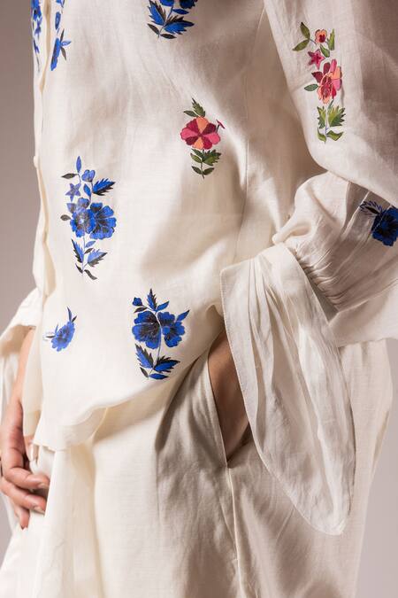 Buy_Prama By Pratima Pandey_Ivory Cotton Collared Hand Painted Floral Motif Shirt And Pant Set _Online_at_Aza_Fashions