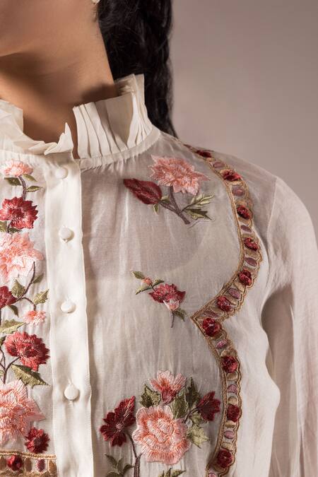 Buy Prama By Pratima Pandey White Cotton Embroidery Mandarin Collar Floral Shirt And Pant Set Online at Aza Fashions Buy_Prama By Pratima Pandey_White Cotton Embroidery Mandarin Collar Floral Shirt And Pant Set _Online_at_Aza_Fashions