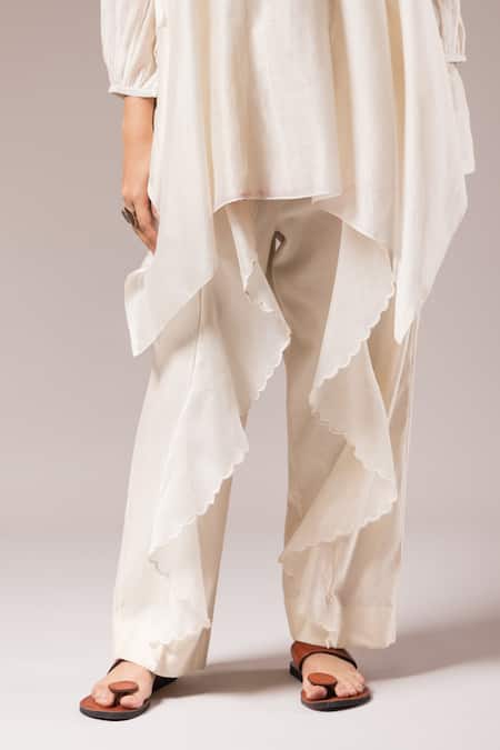 Prama By Pratima Pandey_White Silk, Chanderi, Cotton Embroidery Round Neck Self Tunic And Pant Set _Online_at_Aza_Fashions