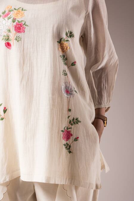 Prama By Pratima Pandey_White Silk, Chanderi, Cotton Embroidery Round Neck Hand Painted Tunic Pant Set _Online_at_Aza_Fashions