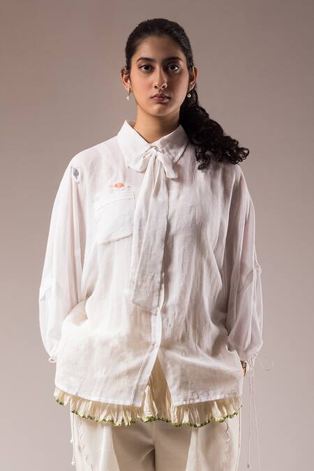 Prama By Pratima Pandey_White Handloom Cotton Collared Shirt Pant Set _Online_at_Aza_Fashions