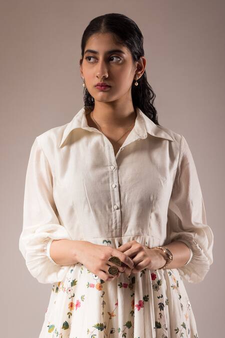 Prama By Pratima Pandey_White Silk, Chanderi Embroidery Collared Floral Hand Painted Anarkali Dress _Online_at_Aza_Fashions