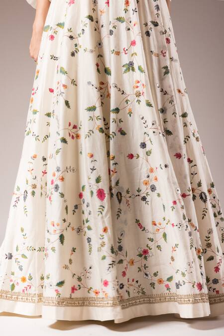 Buy_Prama By Pratima Pandey_White Silk, Chanderi Embroidery Collared Floral Hand Painted Anarkali Dress _Online_at_Aza_Fashions
