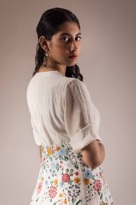 Prama By Pratima Pandey Multi Color Silk, Chanderi Embroidery Round Hand Painted Floral Motif Maxi Dress Online at Aza Fashions Prama By Pratima Pandey_Multi Color Silk, Chanderi Embroidery Round Hand Painted Floral Motif Maxi Dress _Online_at_Aza_Fashions