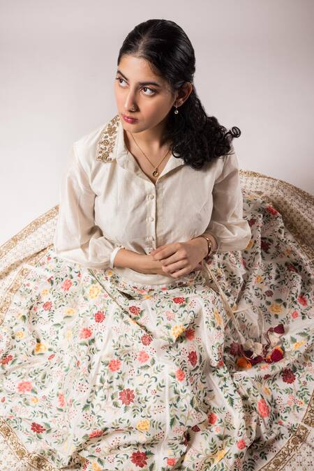 Buy_Prama By Pratima Pandey_Multi Color Silk, Chanderi Diamonds, Tassels Blouse And Hand Painted Lehenga Set _Online_at_Aza_Fashions