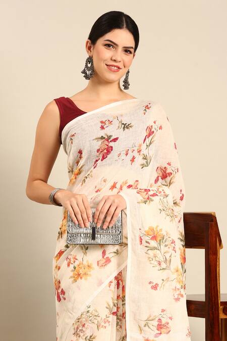 Sayisha_White Chiffon Printed Floral Saree With Running Blouse_Online_at_Aza_Fashions
