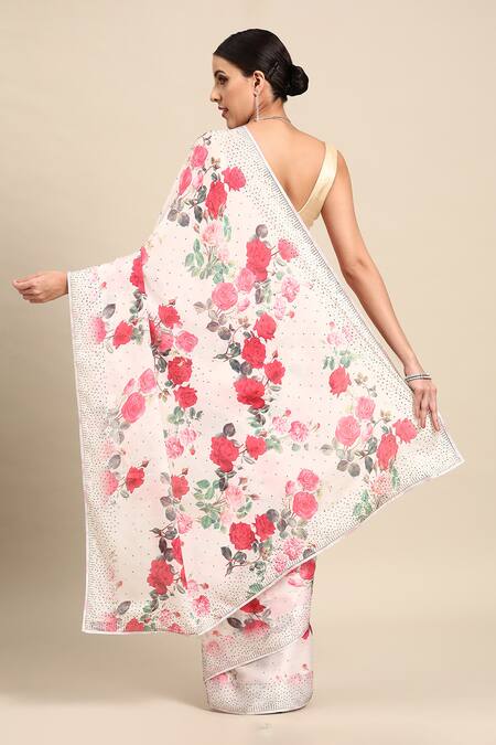 Shop Sayisha White Silk Printed Flower Saree With Running Blouse at Aza Fashions Shop_Sayisha_White Silk Printed Flower Saree With Running Blouse_at_Aza_Fashions