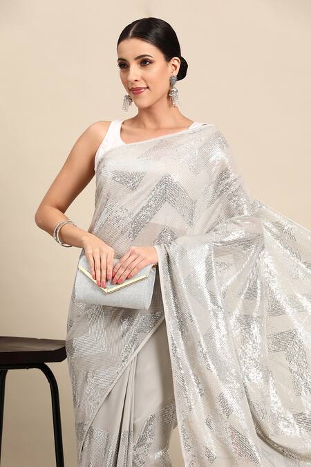 Buy_Sayisha_Grey Chiffon Embroidery Thread Chevron Saree With Running Blouse_Online_at_Aza_Fashions
