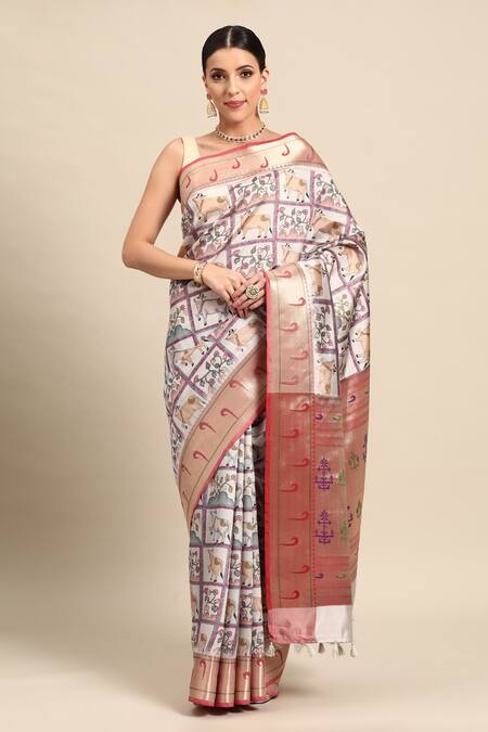 Dark Pink Linen Saree with Pichwai Design Digital Print