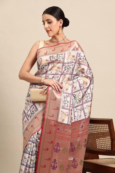 Sayisha_White Silk Printed Cow Saree With Running Blouse_Online_at_Aza_Fashions