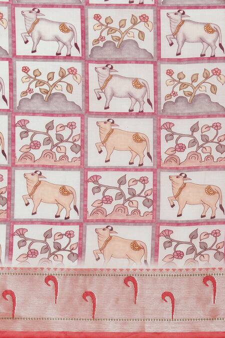 Buy_Sayisha_White Silk Printed Cow Saree With Running Blouse_Online_at_Aza_Fashions