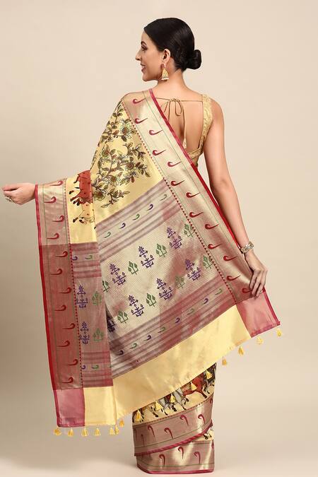 Shop Sayisha Yellow Silk Printed Cow Leaf And Saree With Running Blouse at Aza Fashions Shop_Sayisha_Yellow Silk Printed Cow Leaf And Saree With Running Blouse_at_Aza_Fashions