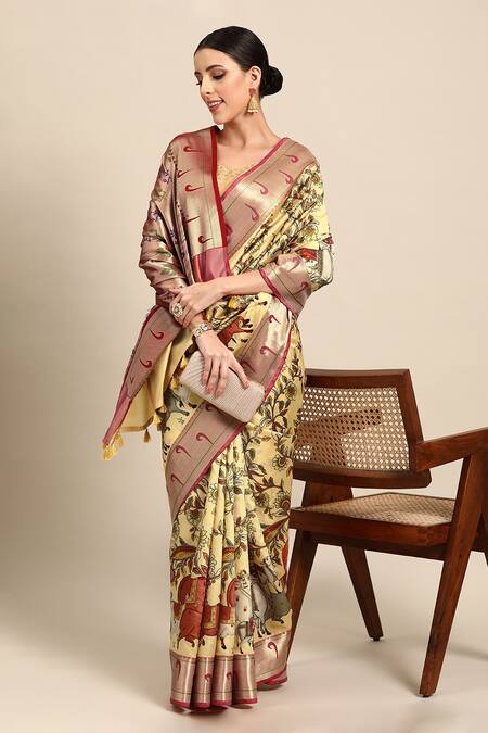 Buy Sayisha Yellow Silk Printed Cow Leaf And Saree With Running Blouse Online at Aza Fashions Buy_Sayisha_Yellow Silk Printed Cow Leaf And Saree With Running Blouse_Online_at_Aza_Fashions