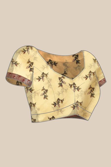 Shop Sayisha Yellow Silk Printed Cow Leaf And Saree With Running Blouse Shop_Sayisha_Yellow Silk Printed Cow Leaf And Saree With Running Blouse