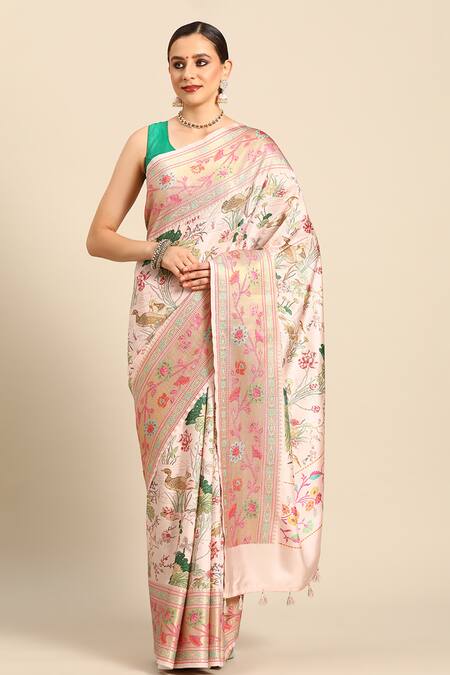 Blue floral & bird motifs printed organza saree, self-border & pallu of  floral designs thread embroidery