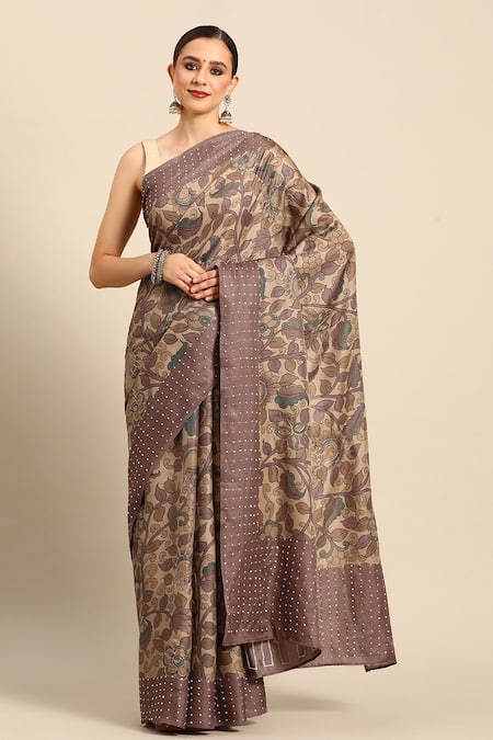 SAYISHA Brown Silk Printed Leaflet Saree With Running Blouse  