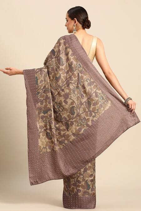 Shop Sayisha Brown Silk Printed Leaflet Saree With Running Blouse at Aza Fashions Shop_Sayisha_Brown Silk Printed Leaflet Saree With Running Blouse_at_Aza_Fashions
