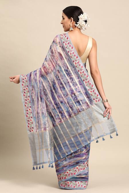 Shop Sayisha Purple Cotton Woven Stripe Printed And Embroidered Saree With Running Blouse at Aza Fashions Shop_Sayisha_Purple Cotton Woven Stripe Printed And Embroidered Saree With Running Blouse_at_Aza_Fashions