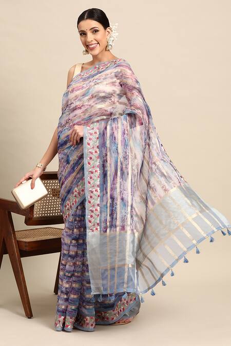 Buy Sayisha Purple Cotton Woven Stripe Printed And Embroidered Saree With Running Blouse Online at Aza Fashions Buy_Sayisha_Purple Cotton Woven Stripe Printed And Embroidered Saree With Running Blouse_Online_at_Aza_Fashions