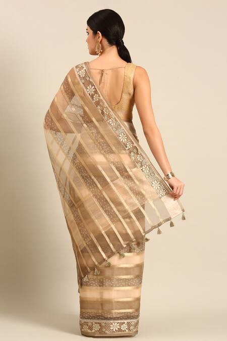 Shop Sayisha Yellow Cotton Woven Stripe Floral Cut Work Bordered Saree With Running Blouse at Aza Fashions Shop_Sayisha_Yellow Cotton Woven Stripe Floral Cut Work Bordered Saree With Running Blouse_at_Aza_Fashions