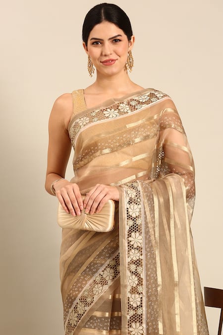 Sayisha Yellow Cotton Woven Stripe Floral Cut Work Bordered Saree With Running Blouse Online at Aza Fashions Sayisha_Yellow Cotton Woven Stripe Floral Cut Work Bordered Saree With Running Blouse_Online_at_Aza_Fashions