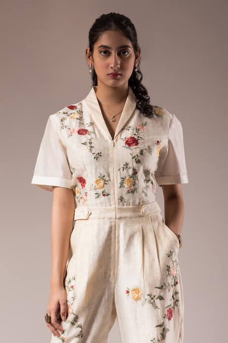 Prama By Pratima Pandey Silk Chanderi Floral & Dabka Embroidered Jumpsuit 