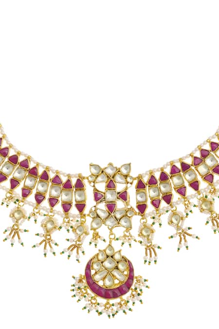 MAISARA JEWELRY_Red Stones, Beads, Pearls Geometric Cut Work Jadau Necklace Set _Online_at_Aza_Fashions