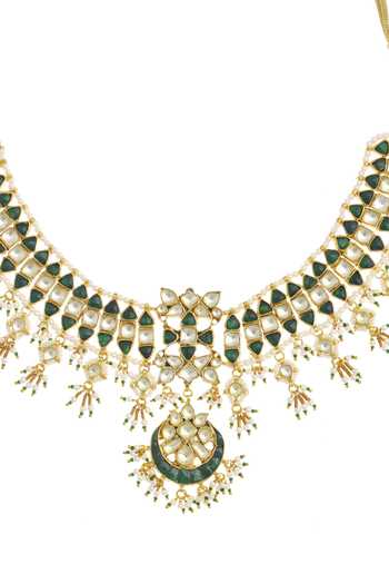 MAISARA JEWELRY Green Stones, Beads, Pearls Cut Work Jadau Necklace Set Online at Aza Fashions MAISARA JEWELRY_Green Stones, Beads, Pearls Cut Work Jadau Necklace Set_Online_at_Aza_Fashions