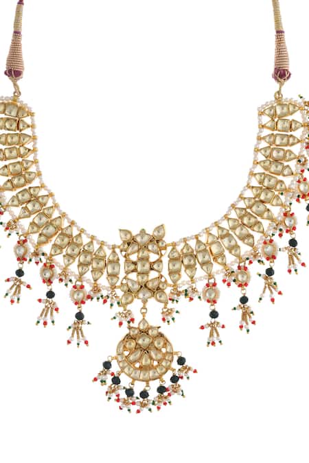 MAISARA JEWELRY_Gold Plated Stones, Beads, Pearls Crescent Cut Work Jadau Necklace Set _Online_at_Aza_Fashions