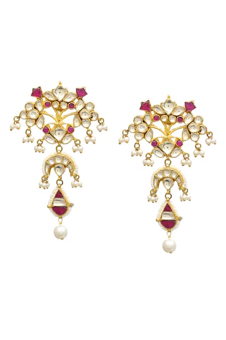 MAISARA JEWELRY Red Kundan And Pearls Embellished Layered Earrings