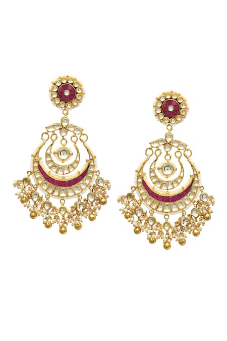 MAISARA JEWELRY Red Ruby Stone And Pearls Embellished Layered Chandbalis