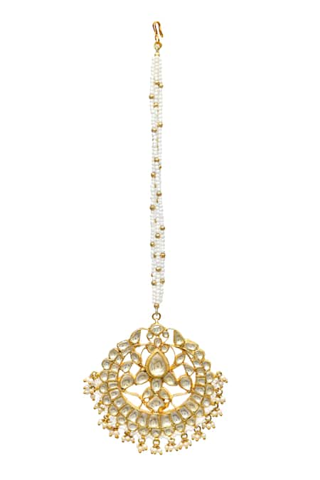 MAISARA JEWELRY Gold Plated Kundan And Pearls Embellished Jadau Floral Cut Work Maangtikka 