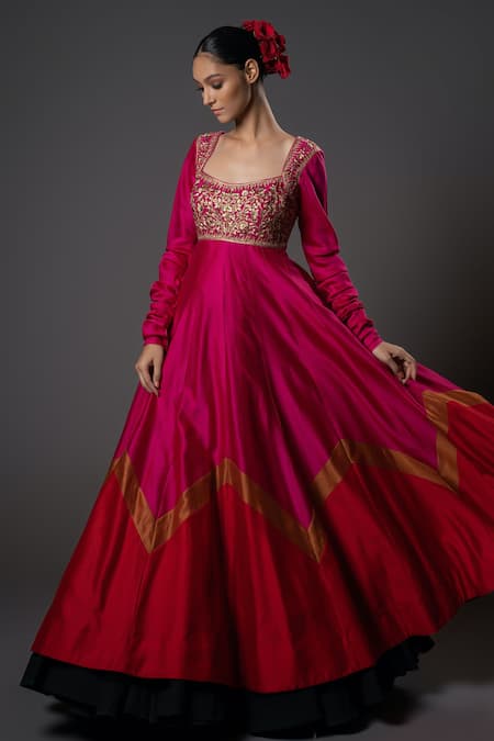 Rohit Bal_Fuchsia Chanderi Silk, Voile Embroidery Scoop Neck Yoke Anarkali Set _Online_at_Aza_Fashions