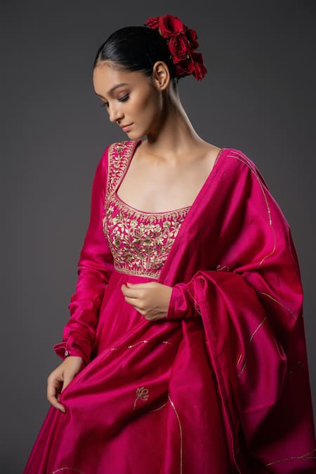 Buy_Rohit Bal_Fuchsia Chanderi Silk, Voile Embroidery Scoop Neck Yoke Anarkali Set _Online_at_Aza_Fashions