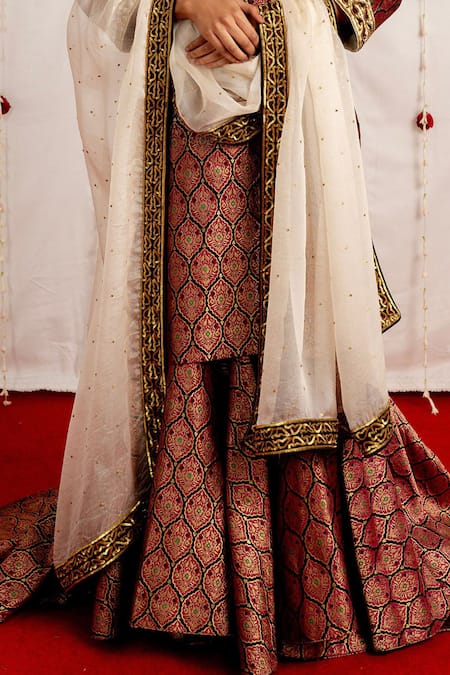 Mimamsaa Magenta Silk Brocade Kurta And Gharara Woven Floral Aroos Set Online at Aza Fashions Mimamsaa_Magenta Silk Brocade Kurta And Gharara Woven Floral Aroos Set _Online_at_Aza_Fashions