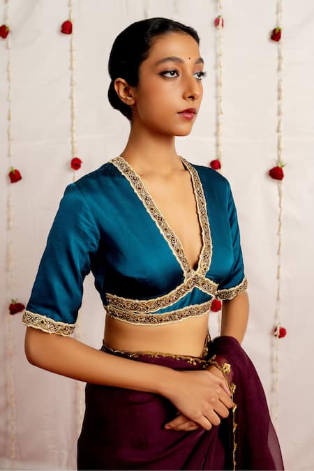Mimamsaa_Blue Satin, Silk Embroidery V-neck Awja Blouse _Online_at_Aza_Fashions