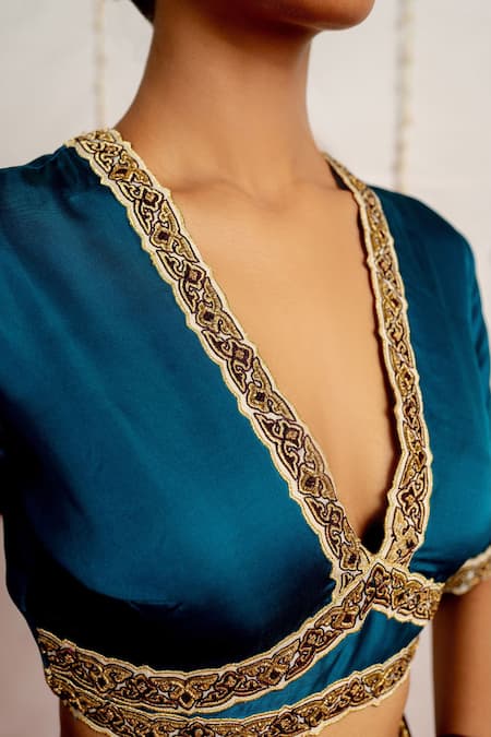 Buy_Mimamsaa_Blue Satin, Silk Embroidery V-neck Awja Blouse _Online_at_Aza_Fashions
