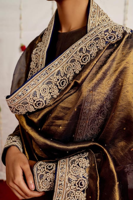 Mimamsaa_Brown Tissue Silk Embroidery Floral Firdaus Dupatta  _Online_at_Aza_Fashions