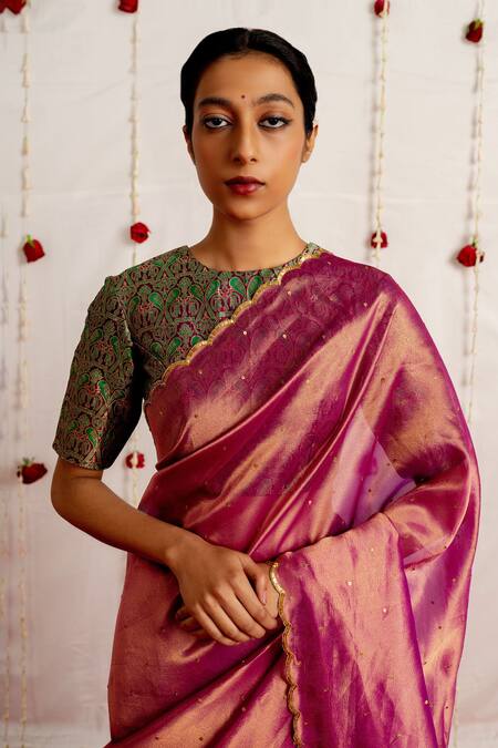 Mimamsaa Magenta Tissue Silk Woven Geometric Irhaa Saree With Pattern Blouse Online at Aza Fashions Mimamsaa_Magenta Tissue Silk Woven Geometric Irhaa Saree With Pattern Blouse _Online_at_Aza_Fashions