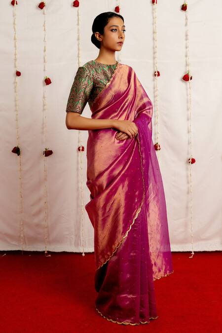 Buy Mimamsaa Magenta Tissue Silk Woven Geometric Irhaa Saree With Pattern Blouse Online at Aza Fashions Buy_Mimamsaa_Magenta Tissue Silk Woven Geometric Irhaa Saree With Pattern Blouse _Online_at_Aza_Fashions