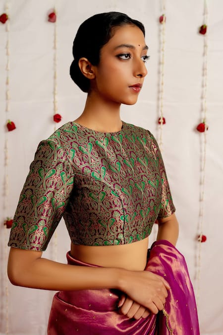 Mimamsaa_Green Brocade Silk Woven Geometric Round Neck Liyana Blouse _Online_at_Aza_Fashions