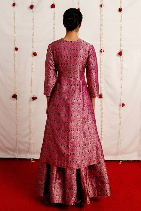 Shop Mimamsaa Purple Brocade Silk Kurta And Sharara And Organza Silk Maan Set at Aza Fashions Shop_Mimamsaa_Purple Brocade Silk Kurta And Sharara And Organza Silk Maan Set _at_Aza_Fashions