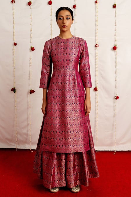 Buy Mimamsaa Purple Brocade Silk Kurta And Sharara And Organza Silk Maan Set Online at Aza Fashions Buy_Mimamsaa_Purple Brocade Silk Kurta And Sharara And Organza Silk Maan Set _Online_at_Aza_Fashions