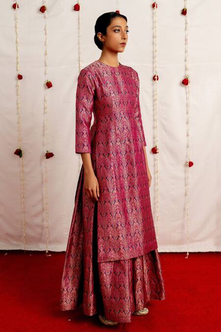 Shop Mimamsaa Purple Brocade Silk Kurta And Sharara And Organza Silk Maan Set Online at Aza Fashions Shop_Mimamsaa_Purple Brocade Silk Kurta And Sharara And Organza Silk Maan Set _Online_at_Aza_Fashions