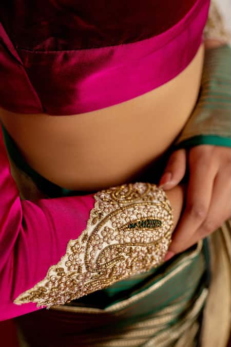 Buy_Mimamsaa_Magenta Satin Silk Placement Embroidery Sequins V Neck Nooreen Blouse _Online_at_Aza_Fashions