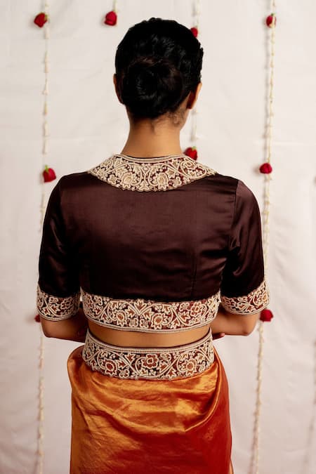 Shop Mimamsaa Brown Satin Silk Placement Embroidery Sequins V Neck Qudrah Blouse at Aza Fashions Shop_Mimamsaa_Brown Satin Silk Placement Embroidery Sequins V Neck Qudrah Blouse _at_Aza_Fashions