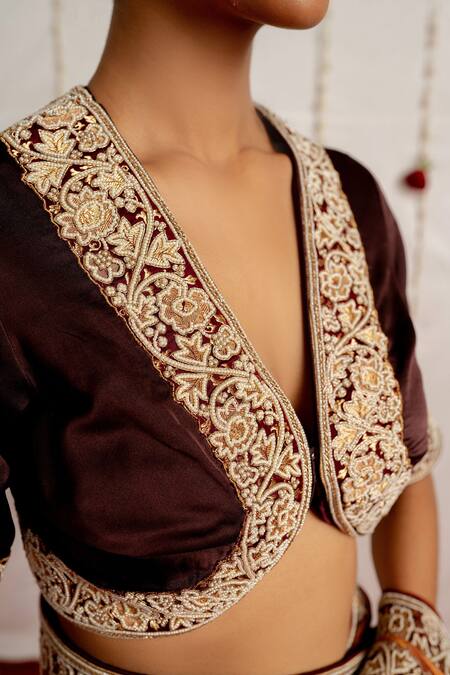 Mimamsaa Brown Satin Silk Placement Embroidery Sequins V Neck Qudrah Blouse Online at Aza Fashions Mimamsaa_Brown Satin Silk Placement Embroidery Sequins V Neck Qudrah Blouse _Online_at_Aza_Fashions